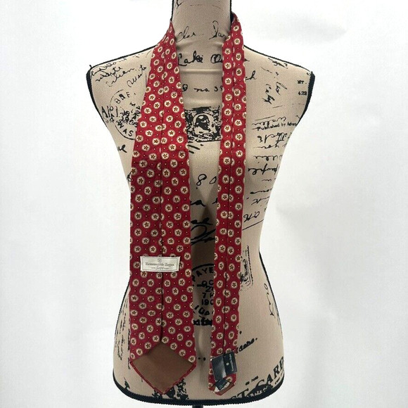New Vintage Ermenegildo Zegna Soft Red Silk Tie Ivory Polka Dots Italy Classic - Picture 7 of 8